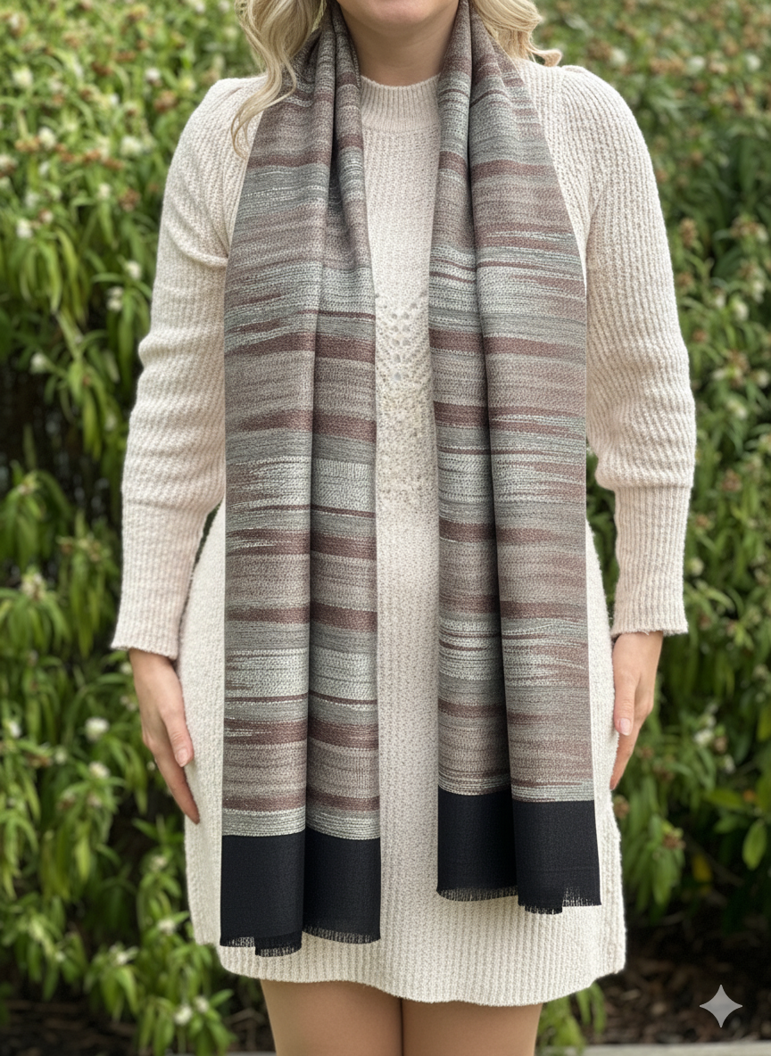 Pure Cashmere Handwoven Stole: Black Grey Stripe Design