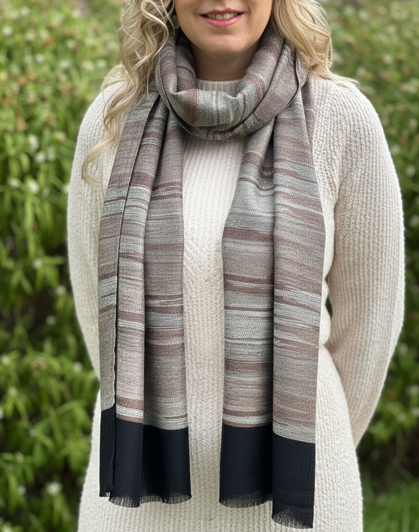 Pure Cashmere Handwoven Stole: Black Grey Stripe Design