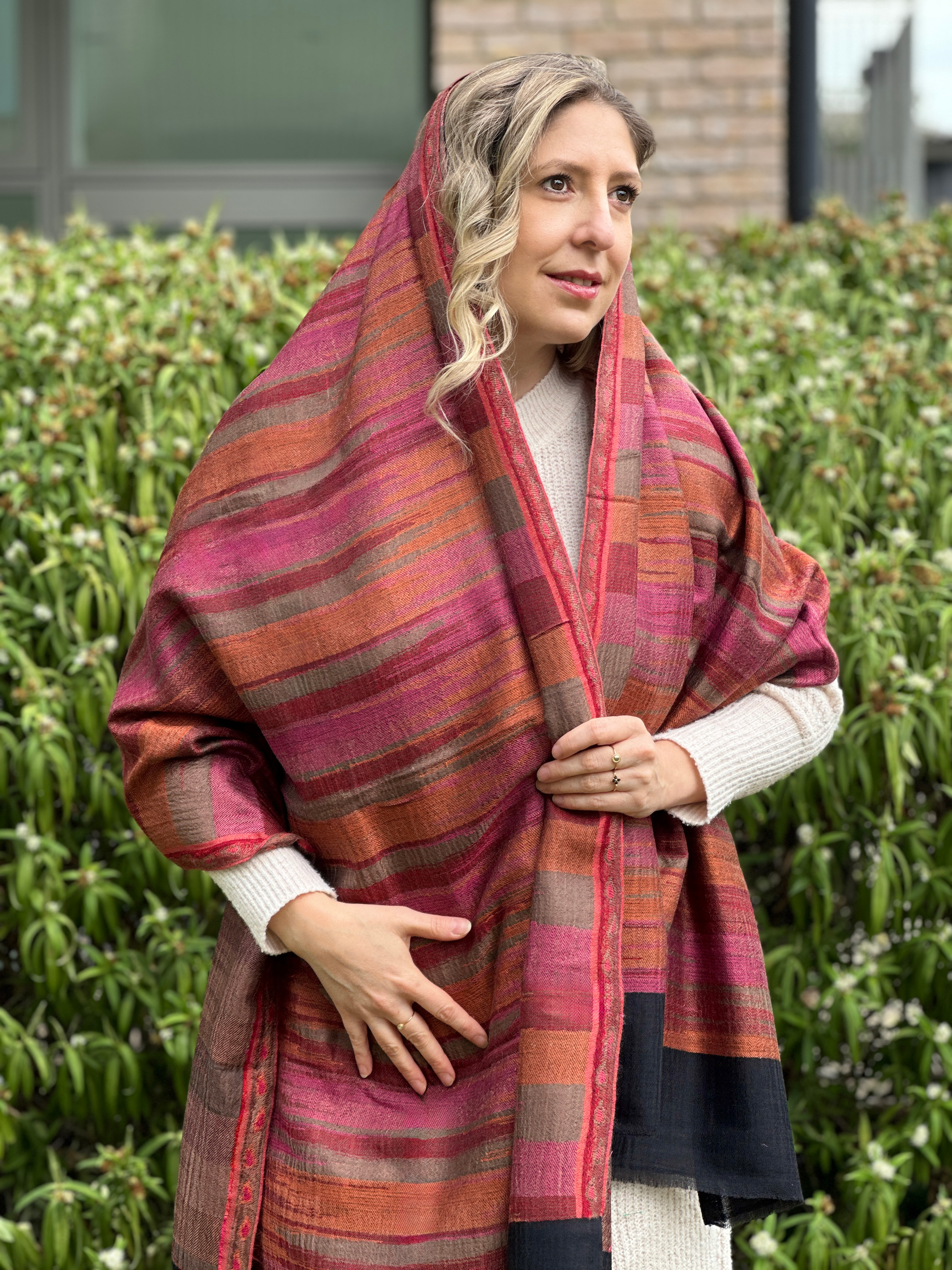 Pure Cashmere Handwoven Stole: Black Red Striped Design | Indian Himalayan Pashmina