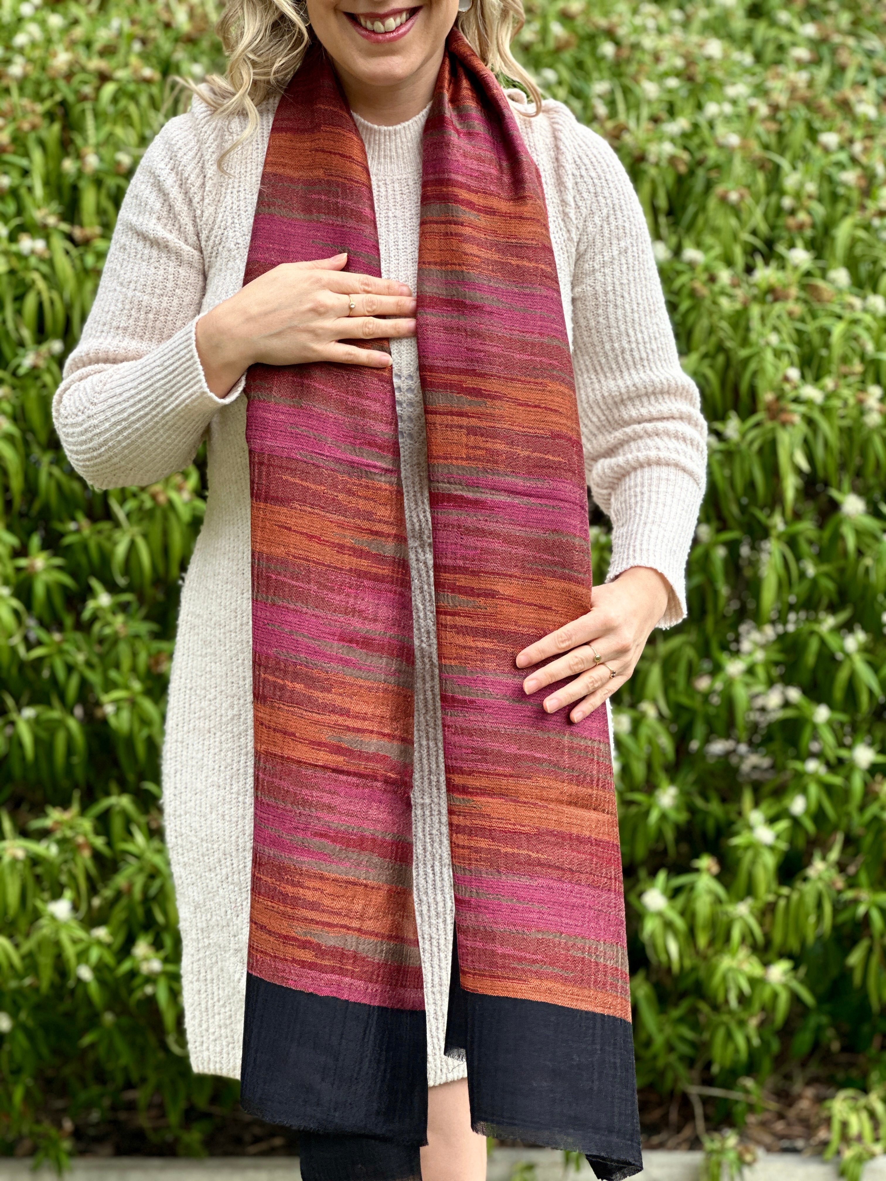 Pure Cashmere Handwoven Stole: Black Red Striped Design | Indian Himalayan Pashmina