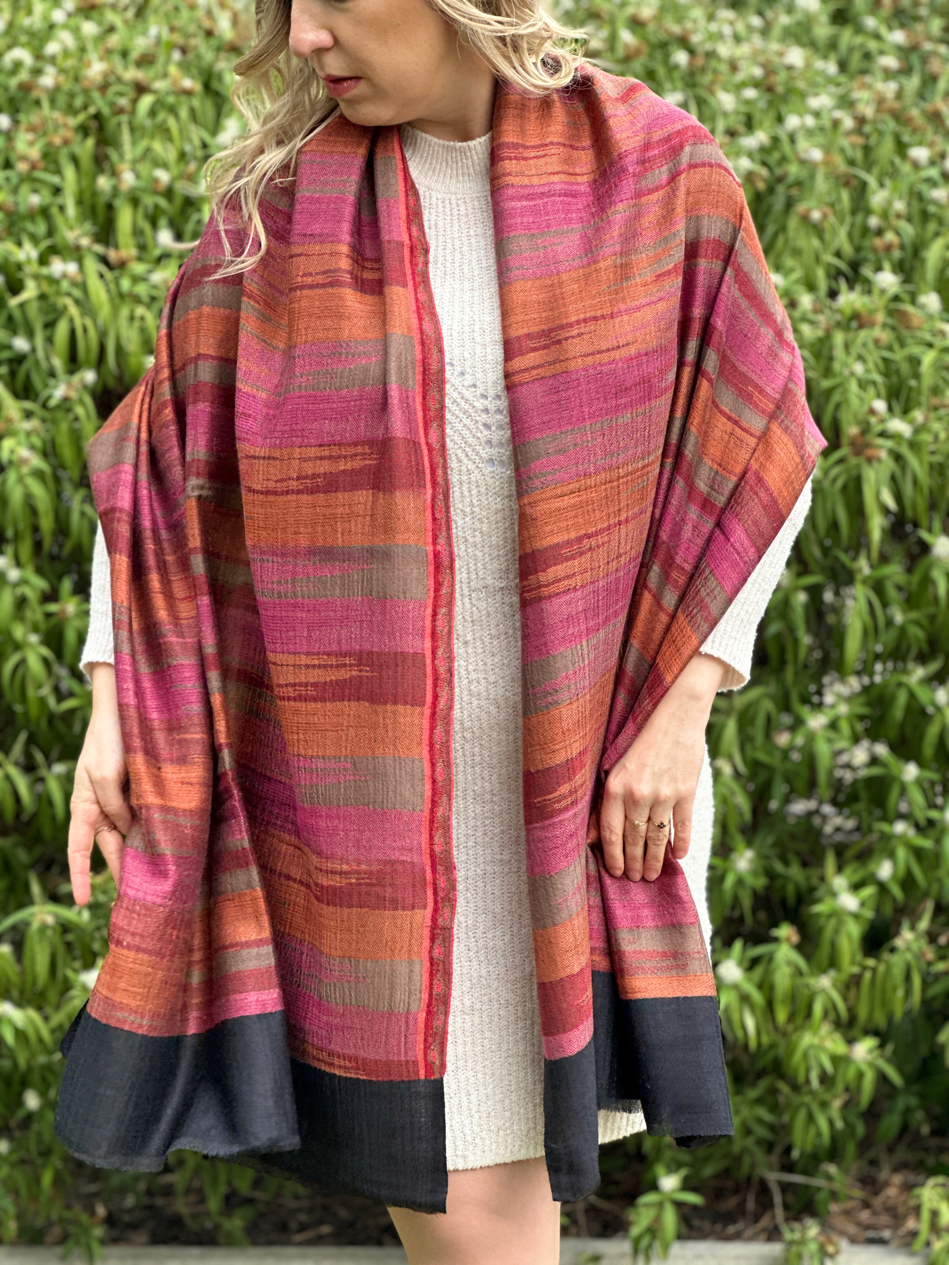 Pure Cashmere Handwoven Stole: Black Red Striped Design | Indian Himalayan Pashmina