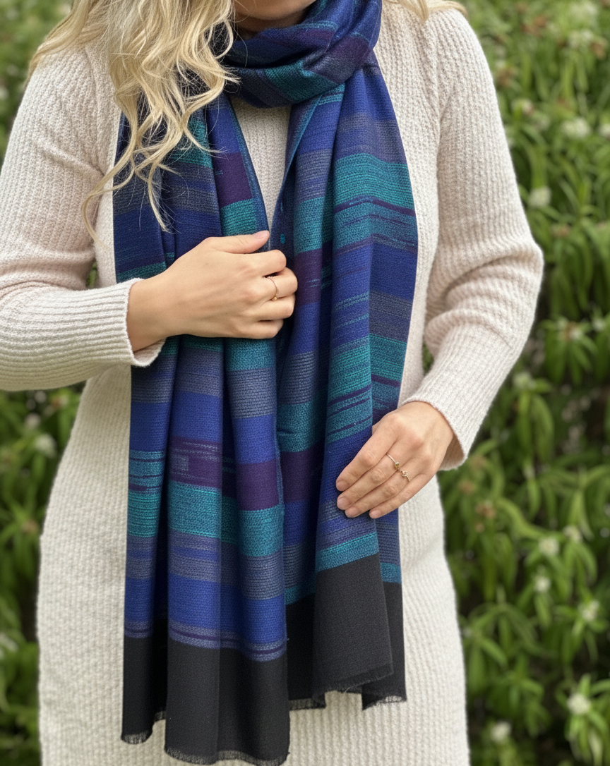 Pure Cashmere Handwoven Stole: Black Blue Striped Design