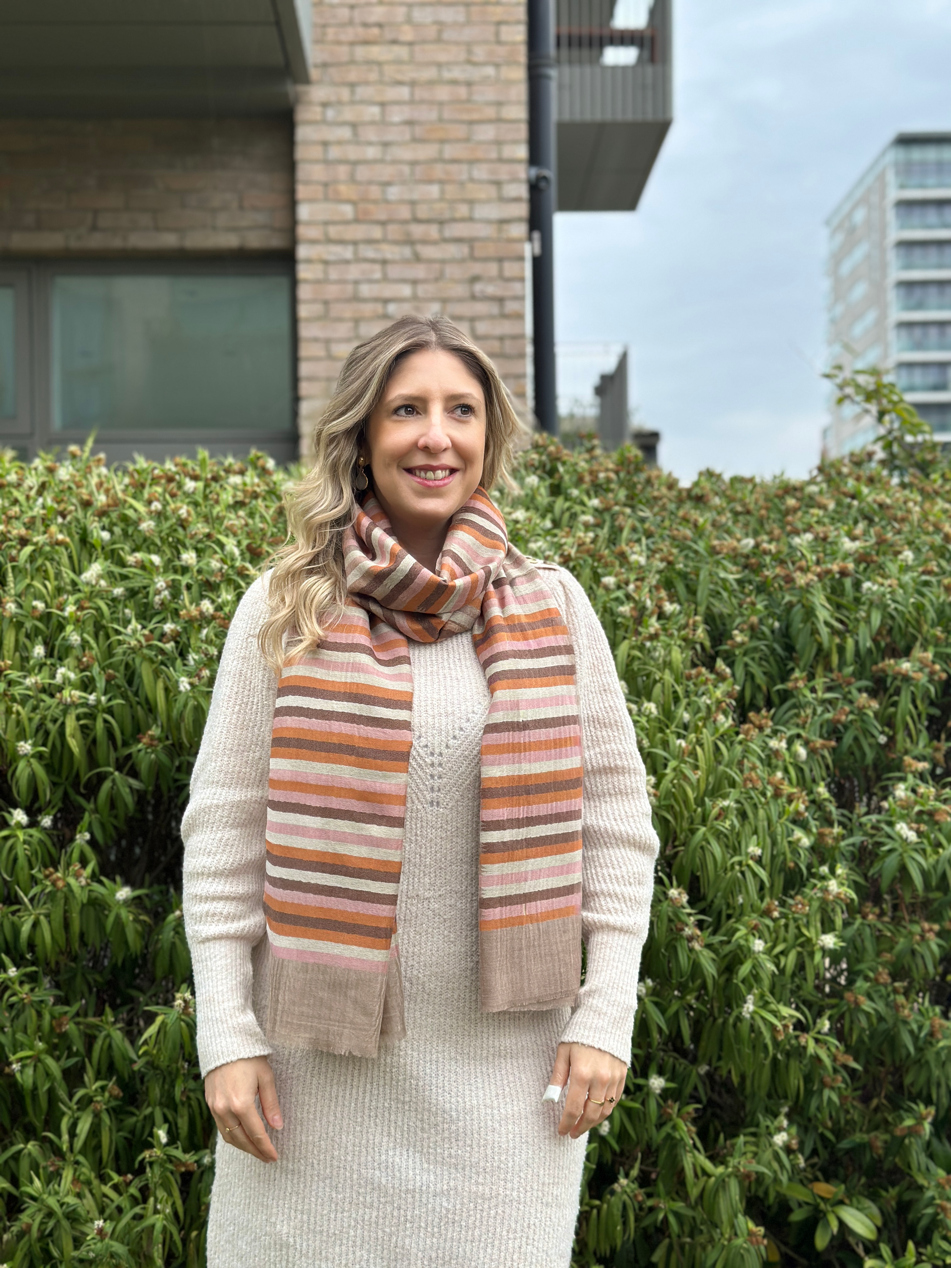 Pure Cashmere Handwoven Stole: Brown Multi Stripe Design