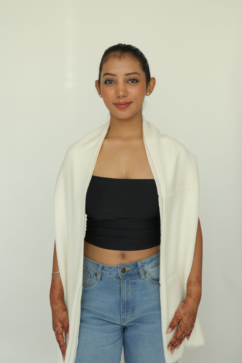 Pure Cashmere Handwoven Stole: White Plain V Style