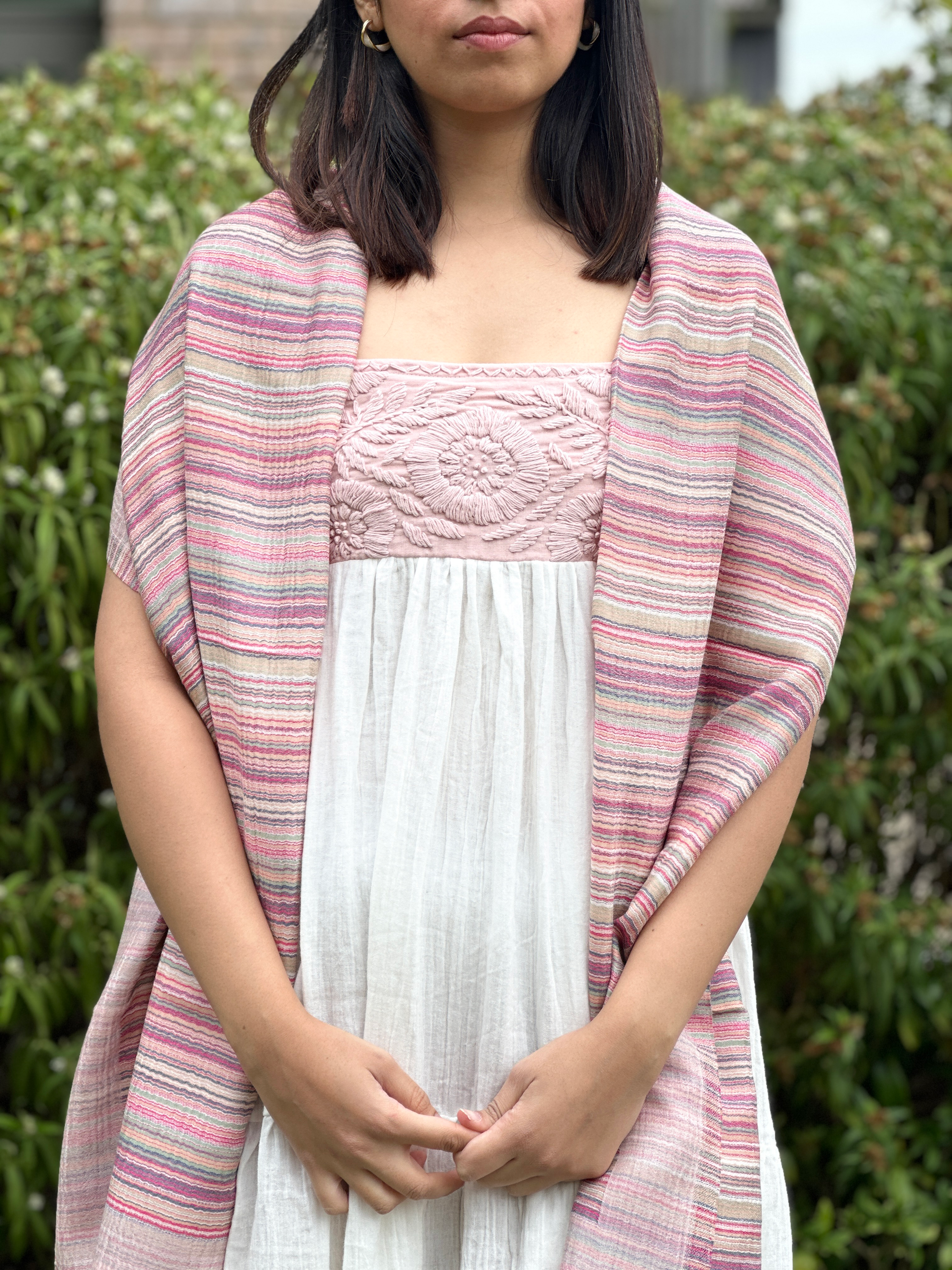 Pure Cashmere Handwoven Stole: Pink Stripe Design