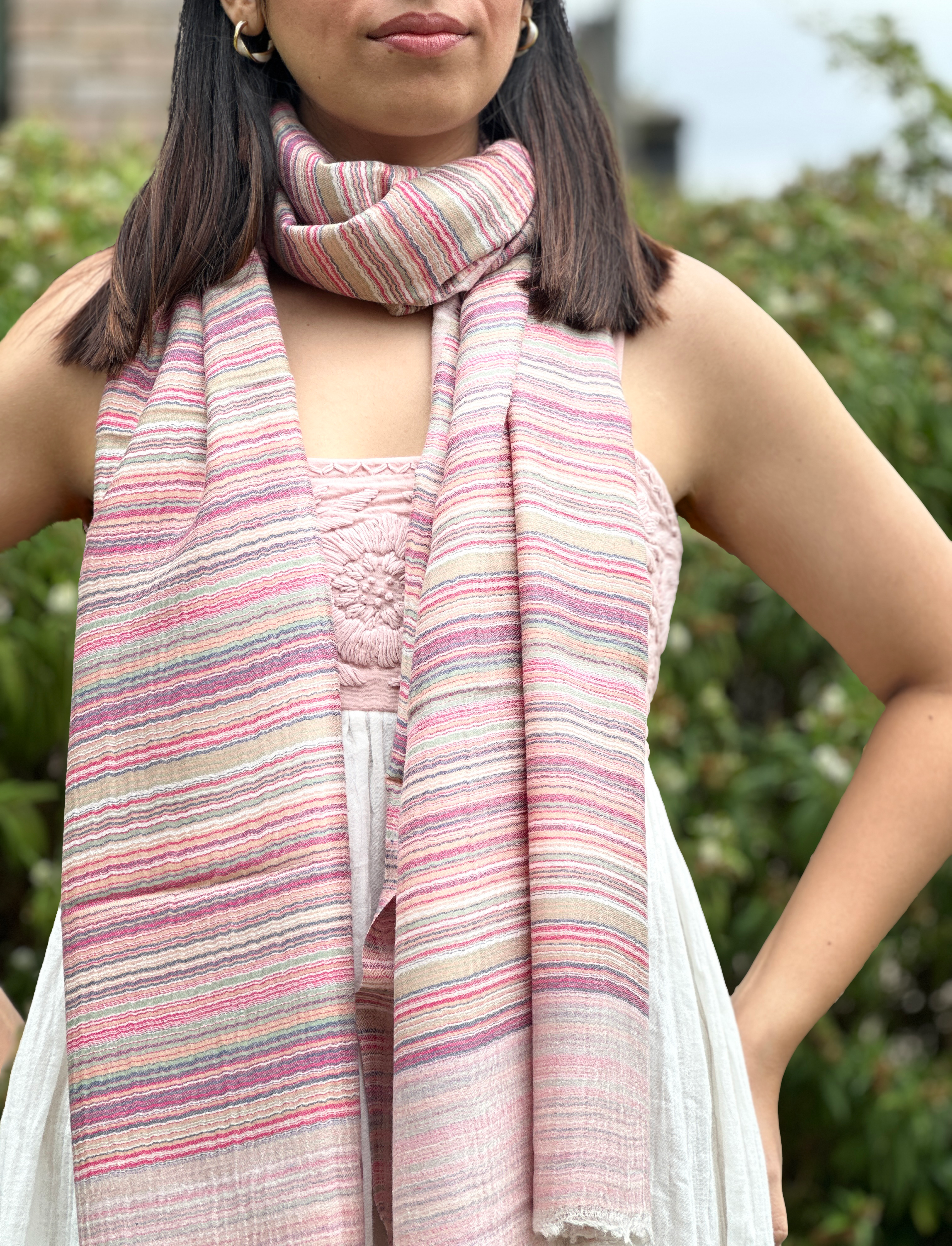 Pure Cashmere Handwoven Stole: Pink Stripe Design