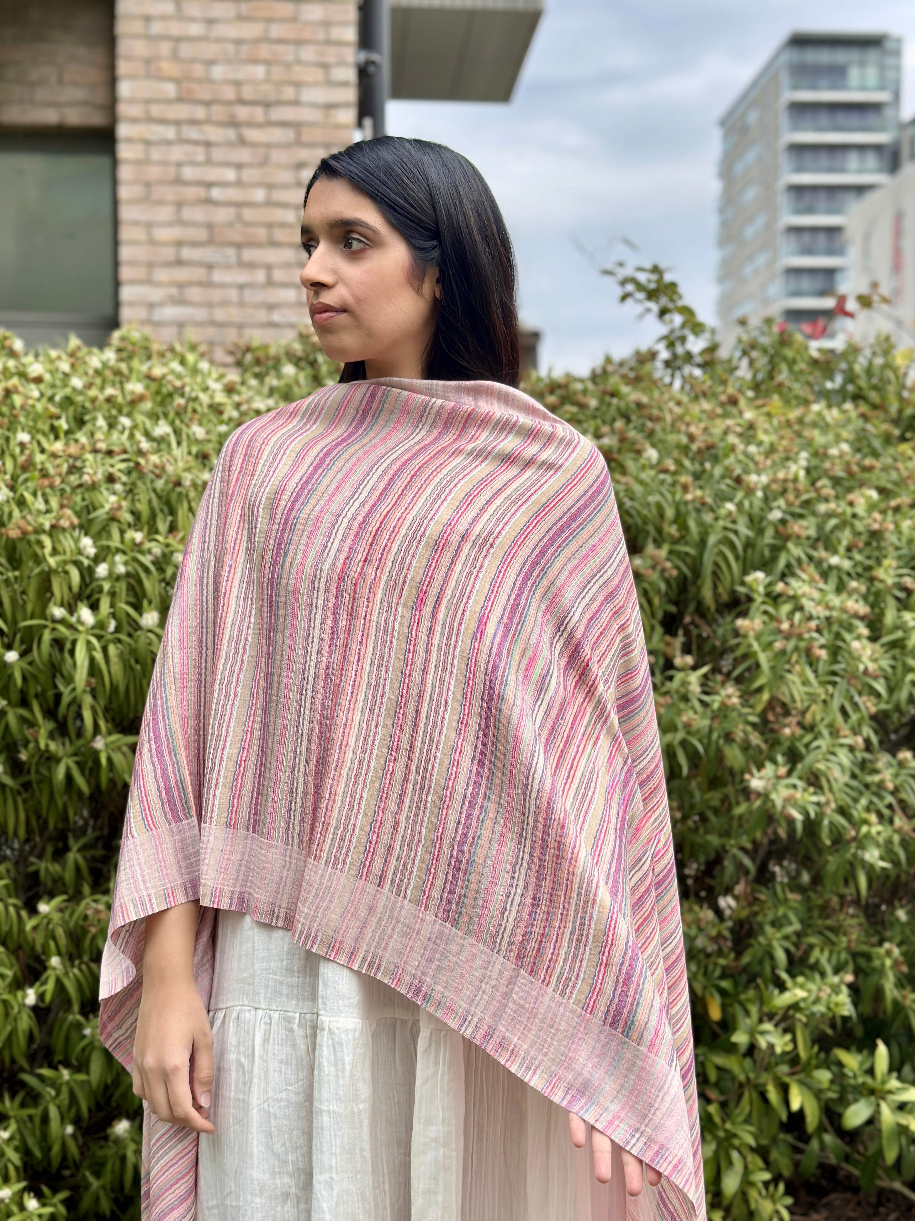 Pure Cashmere Handwoven Stole: Pink Stripe Design