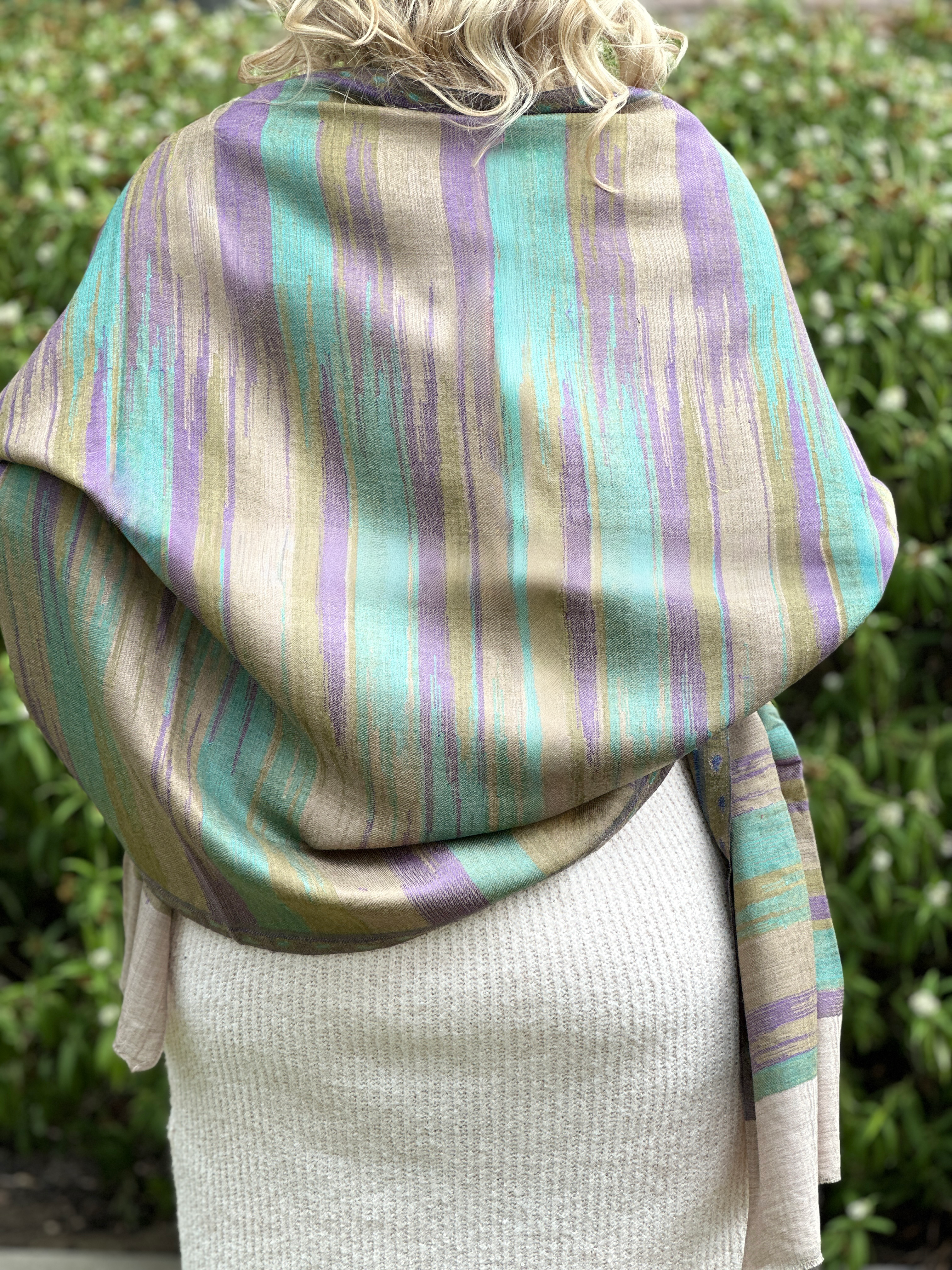 Pure Cashmere Handwoven Stole: Beige Purple Striped Design