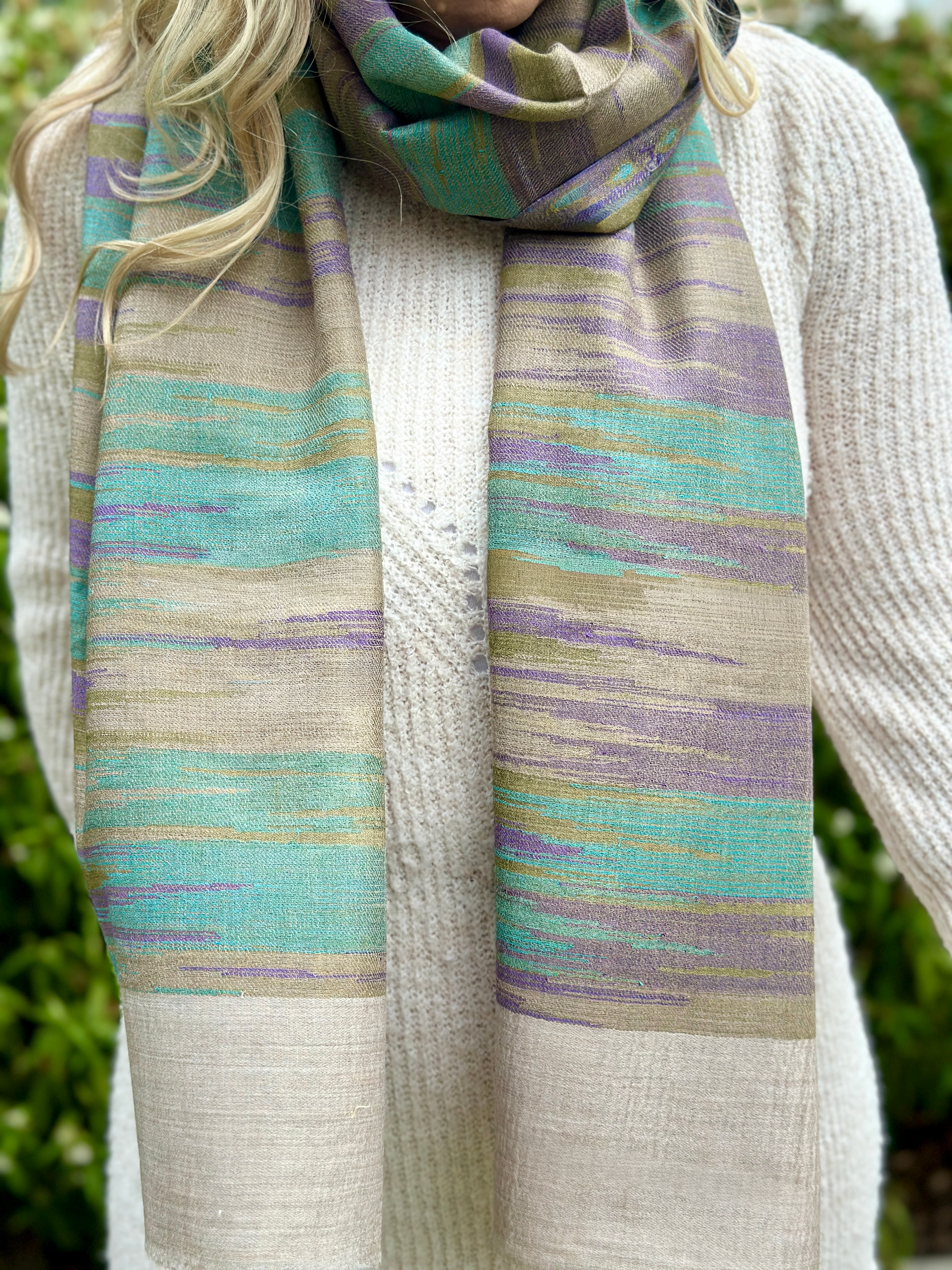 Pure Cashmere Handwoven Stole: Beige Purple Striped Design