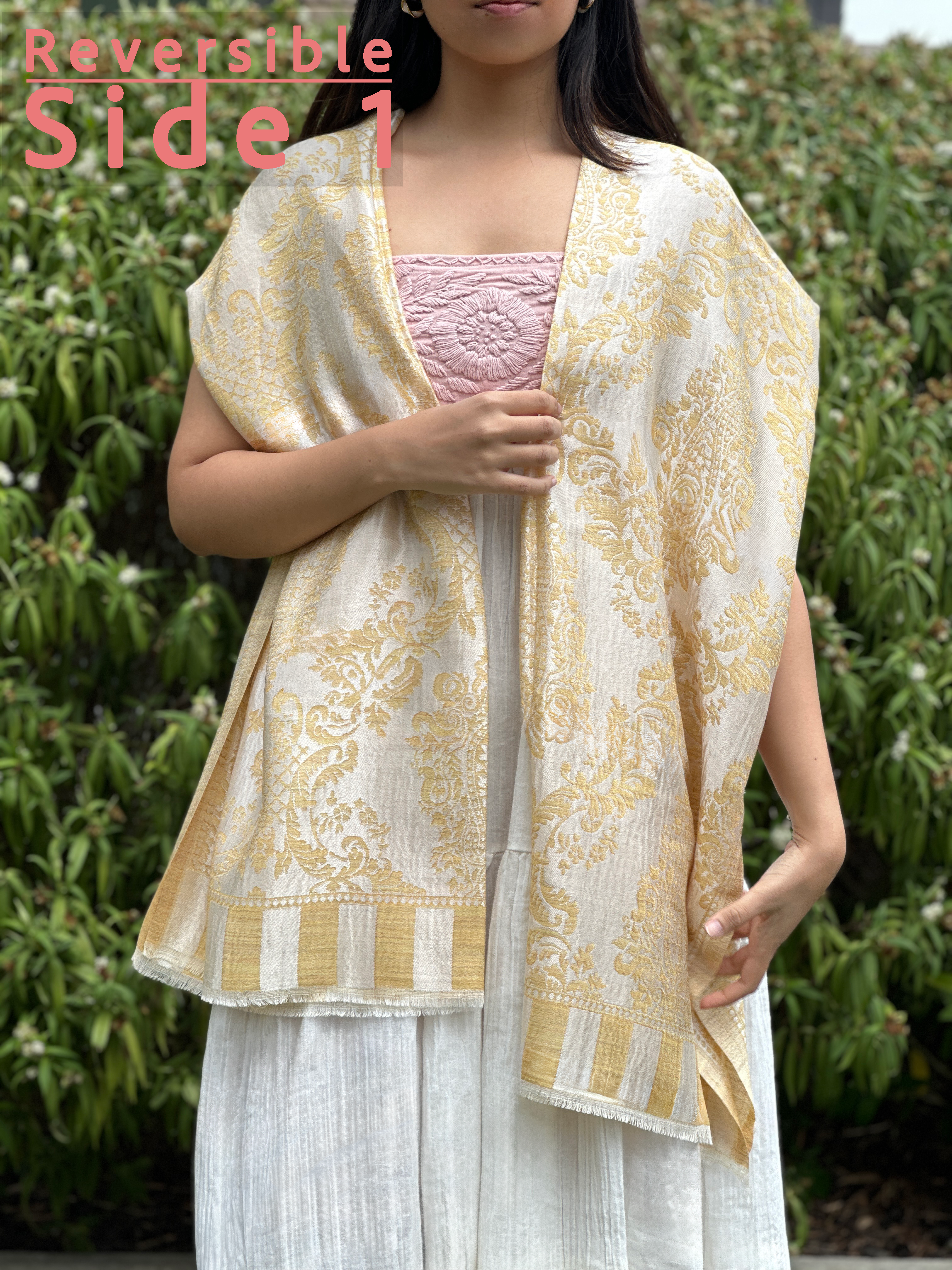 Reversible Shine Pure Cashmere Stole: Yellow & White Shine Stole