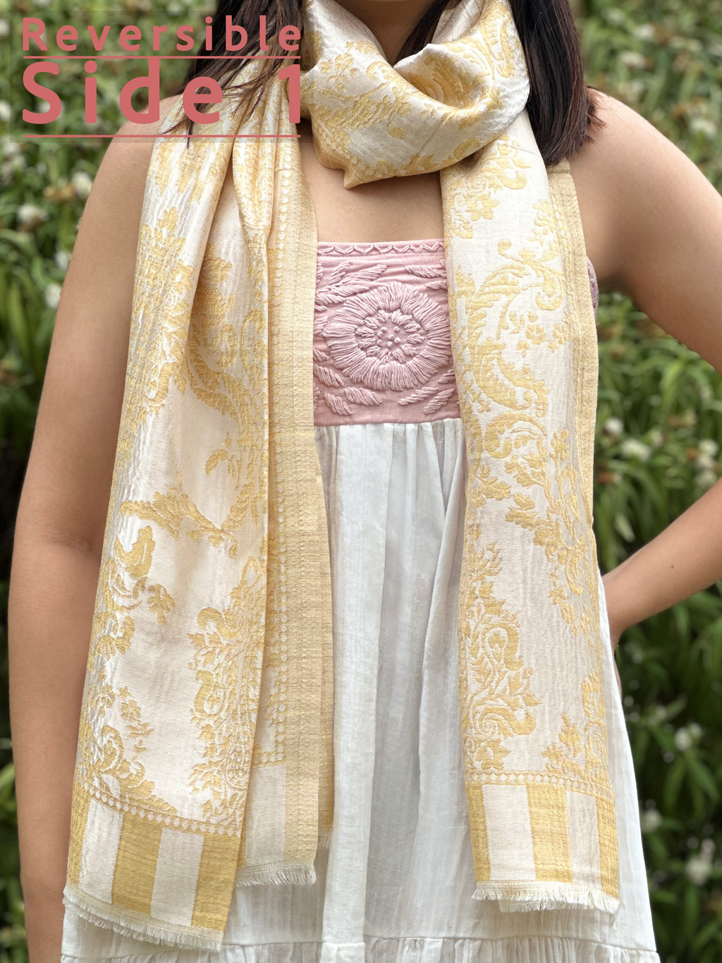 Reversible Shine Pure Cashmere Stole: Yellow & White Shine Stole